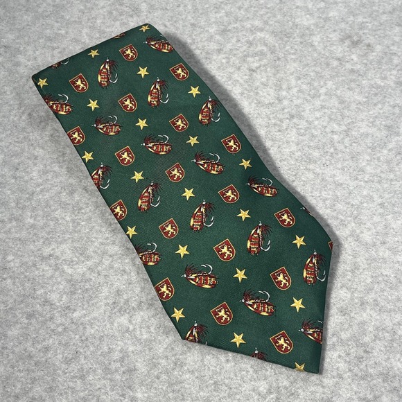 Tommy Hilfiger Tie Mens Green Gold Fly Fishing Stars 100% Italian Silk Made USA - Picture 1 of 4